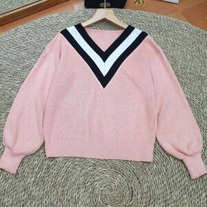 Pink Varsity V-Stripe Puff Sleeve Crop Knit Sweater